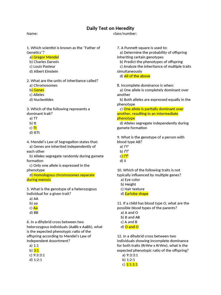 Daily Test On Heredity | PDF