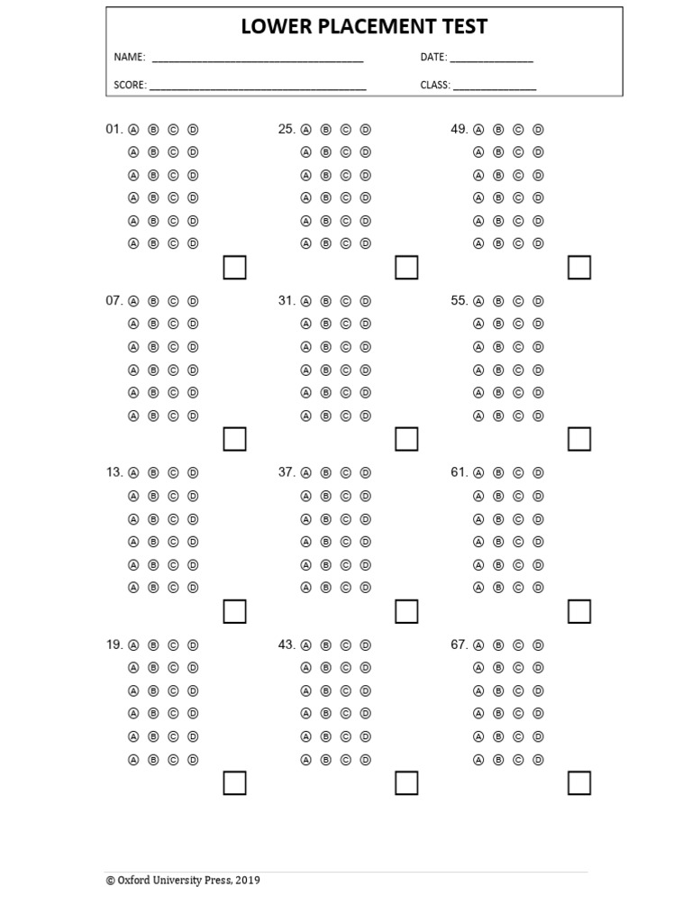 Headway 5e Lower Placement Test ANSWER SHEET | PDF