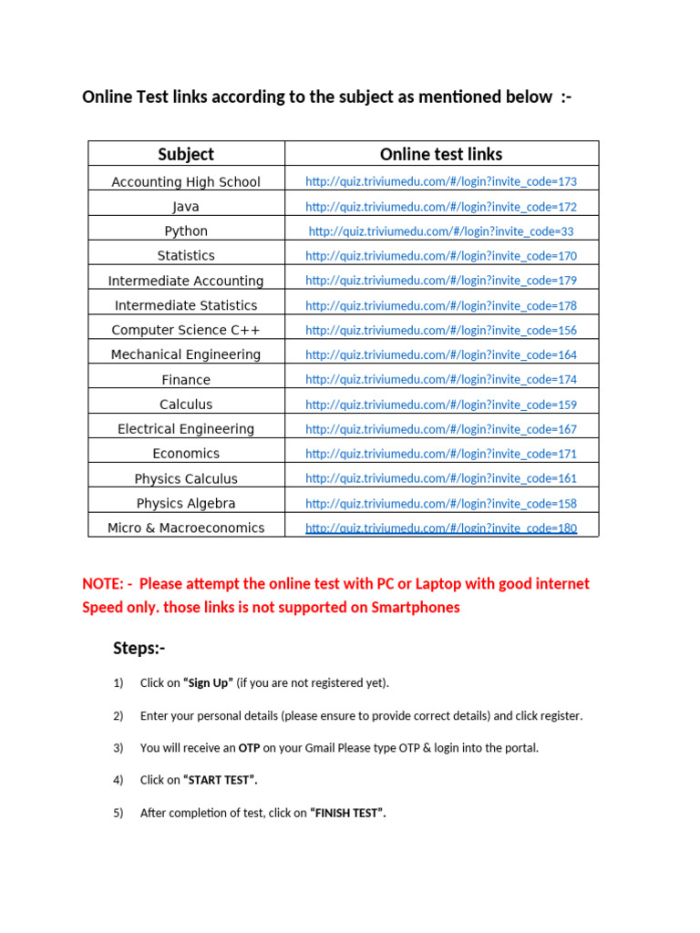 Online Test Links of | PDF