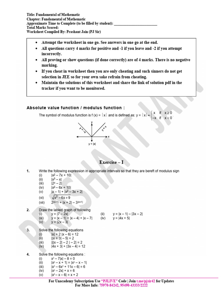 Worksheet-1 Absolute Value Function | PDF