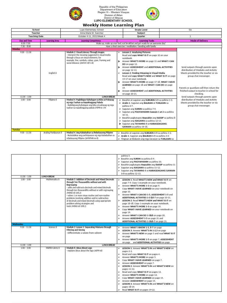 Q1W4 Weekly Home Learning Plan | PDF