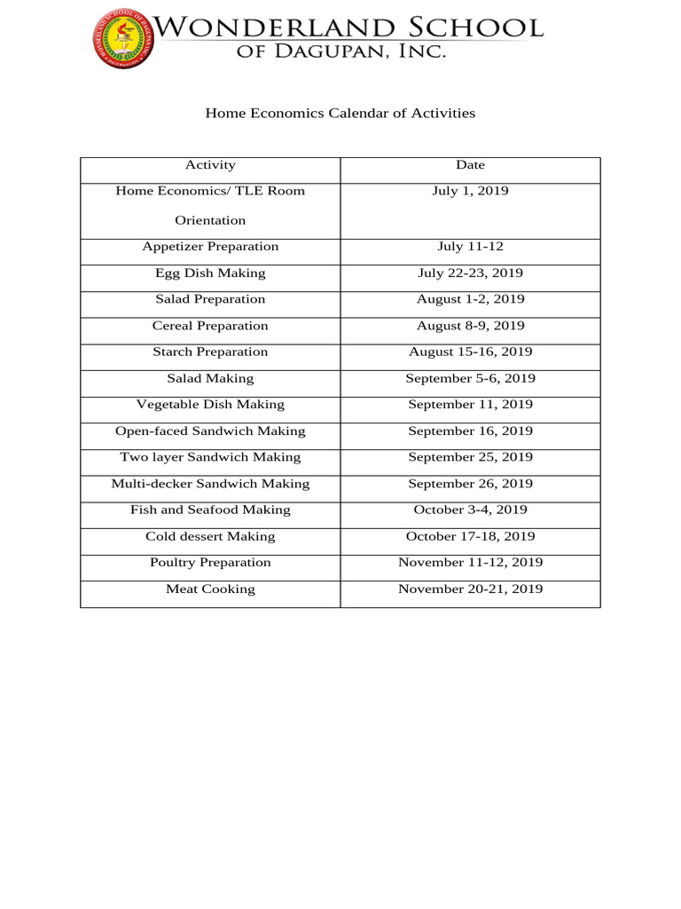 Home economics calendar of activities pdf
