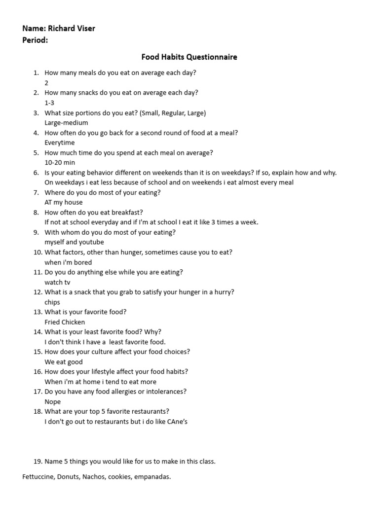 Food Habits Questionnaire | PDF
