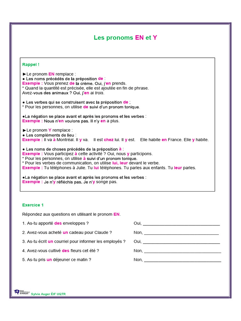Exercices sur les pronoms EN et Y | PDF | Pronom | Études des langues ...