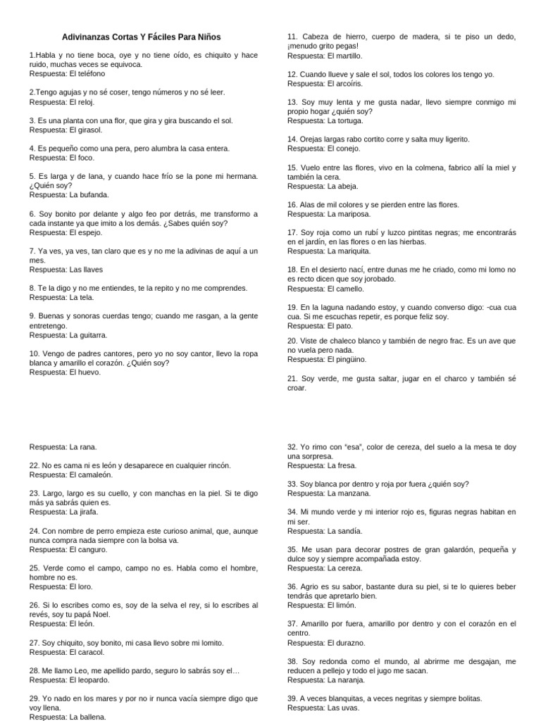 Adivinanzas Cortas y Fáciles para Niños | PDF | Poesía