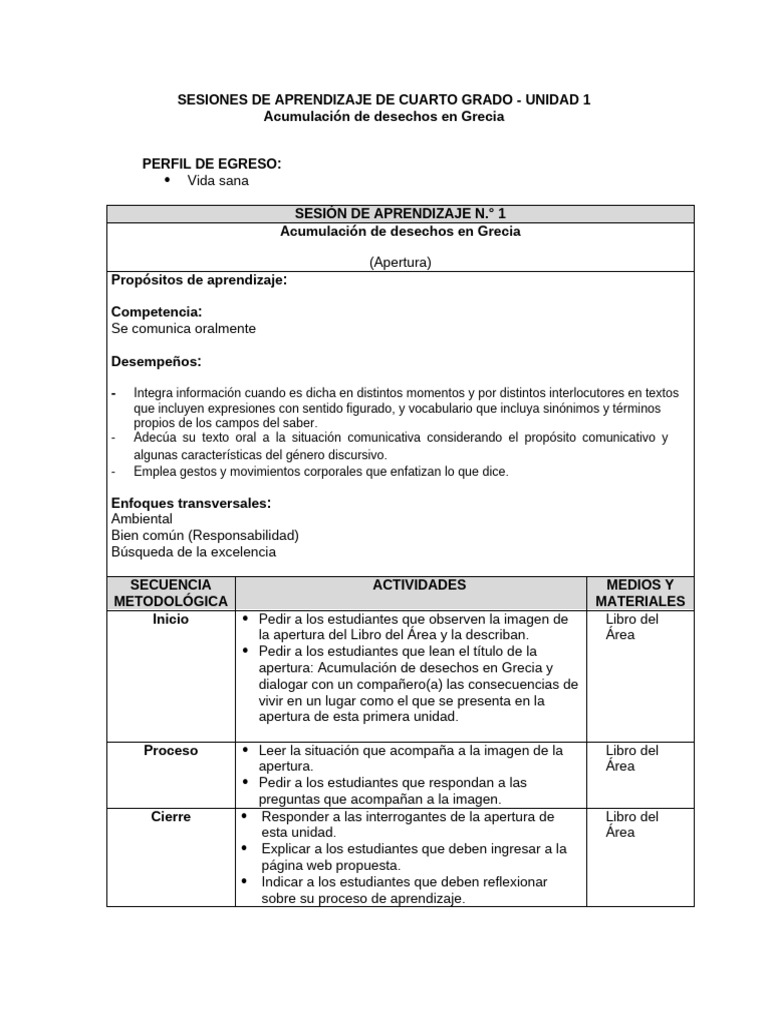 Sesiones de Aprendizaje - U1 - Cuarto Grado | PDF
