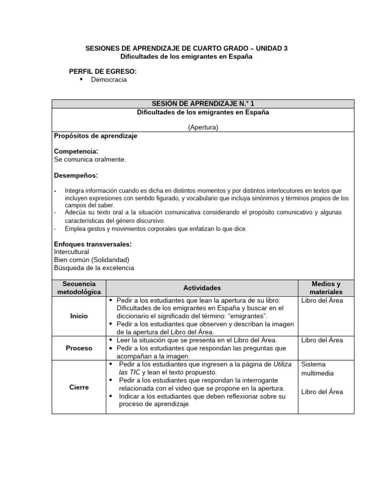 Sesiones de Aprendizaje - U3 - Cuarto Grado | PDF