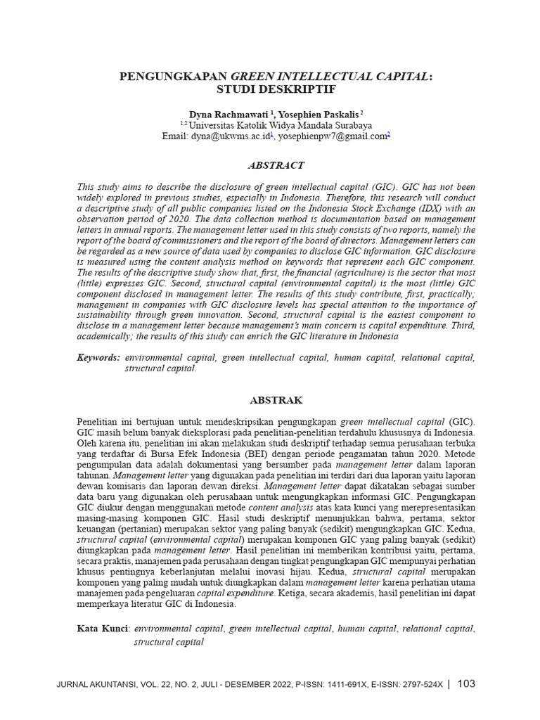 Pengungkapan Green Intellectual Capital - Studi Deskriptif | PDF