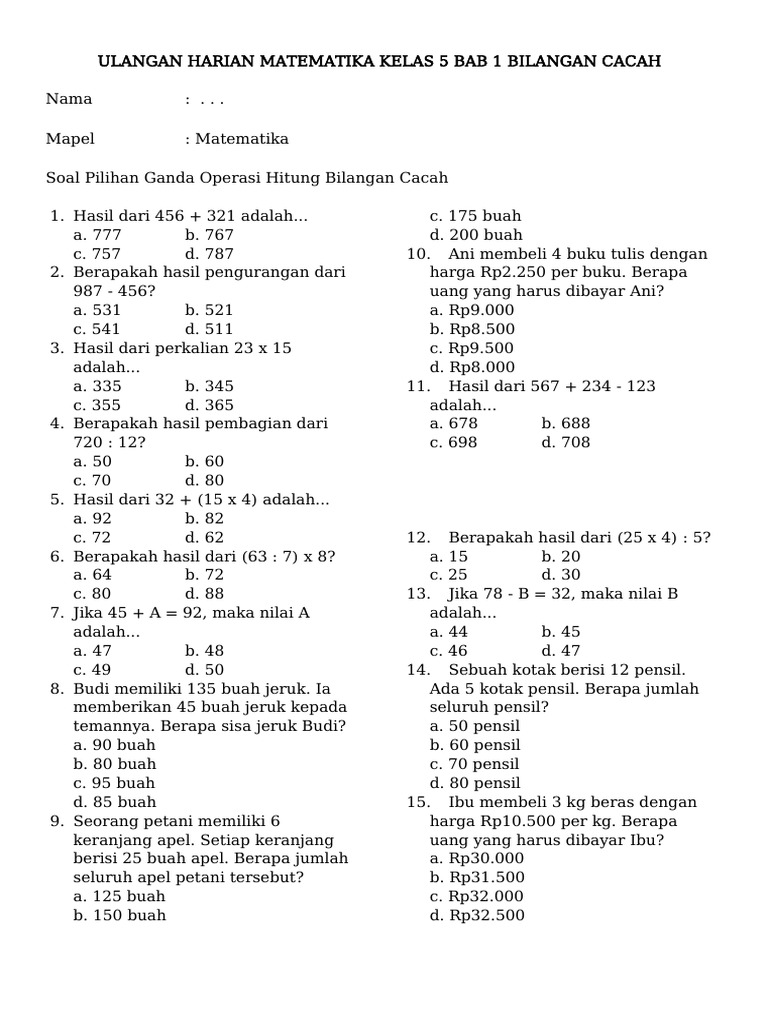 Ulangan Harian Matematika Kelas 5 Bab 1 Bilangan Cacah | PDF