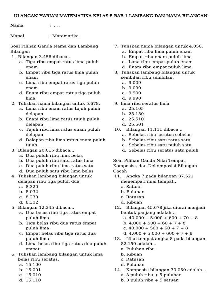 Ulangan Harian Matematika Kelas 5 Bab 1 Lambang Dan Nama Bilangan | PDF