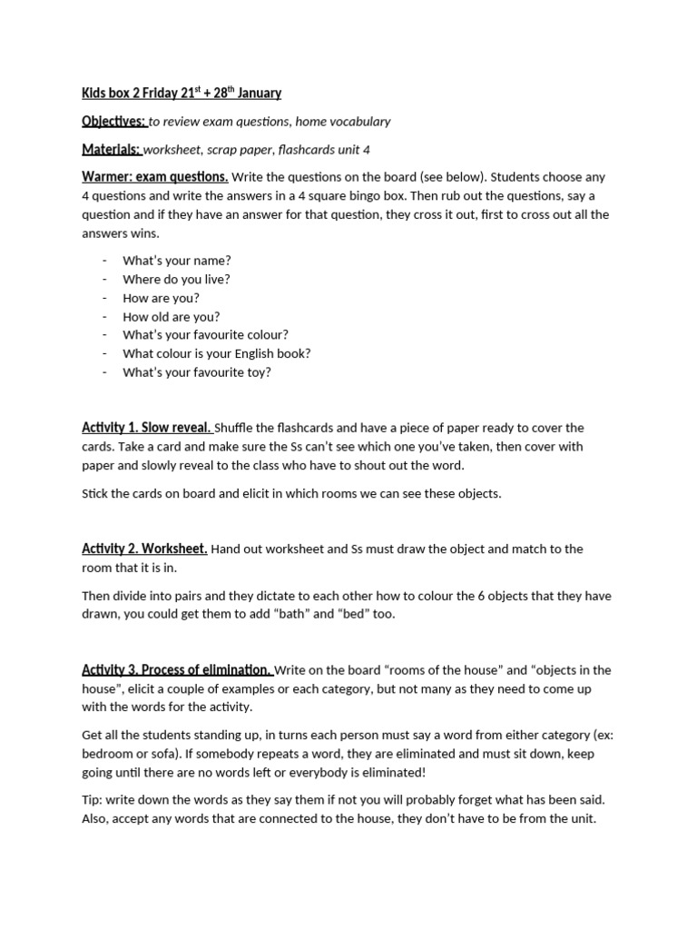 Sunday Bingo and House Vocabulary Activities | PDF