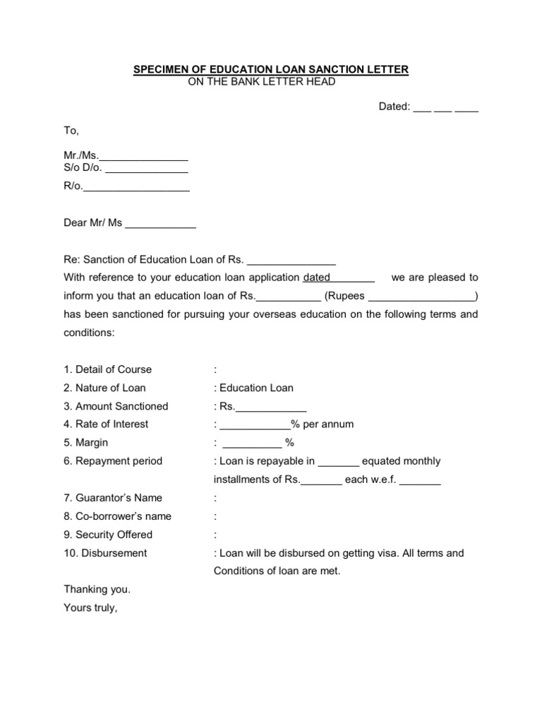 Specimen Of Education Loan Sanction Letter