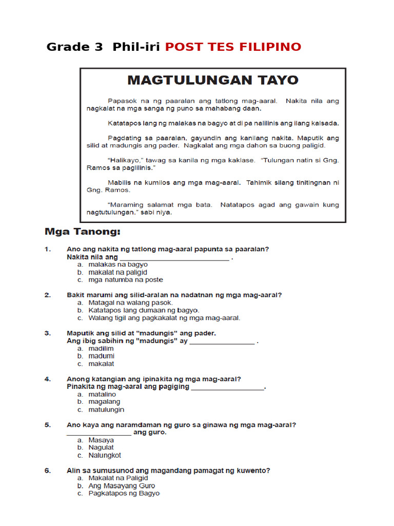 Grade 3 Post Test Phil Iri Passage | PDF