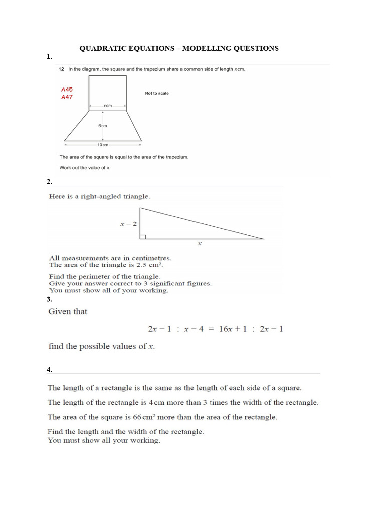 QUADRATIC EQUATIONS Modelling Questions | PDF