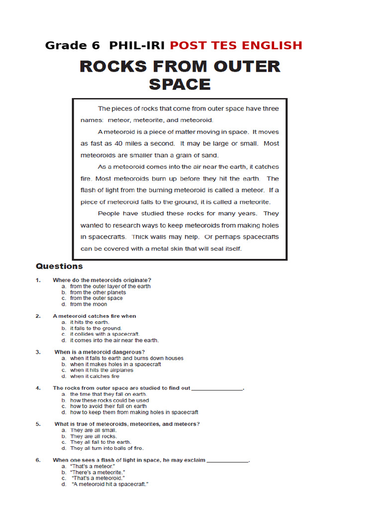 Grade 6 Eng. Post Test Phil Iri Passage | PDF
