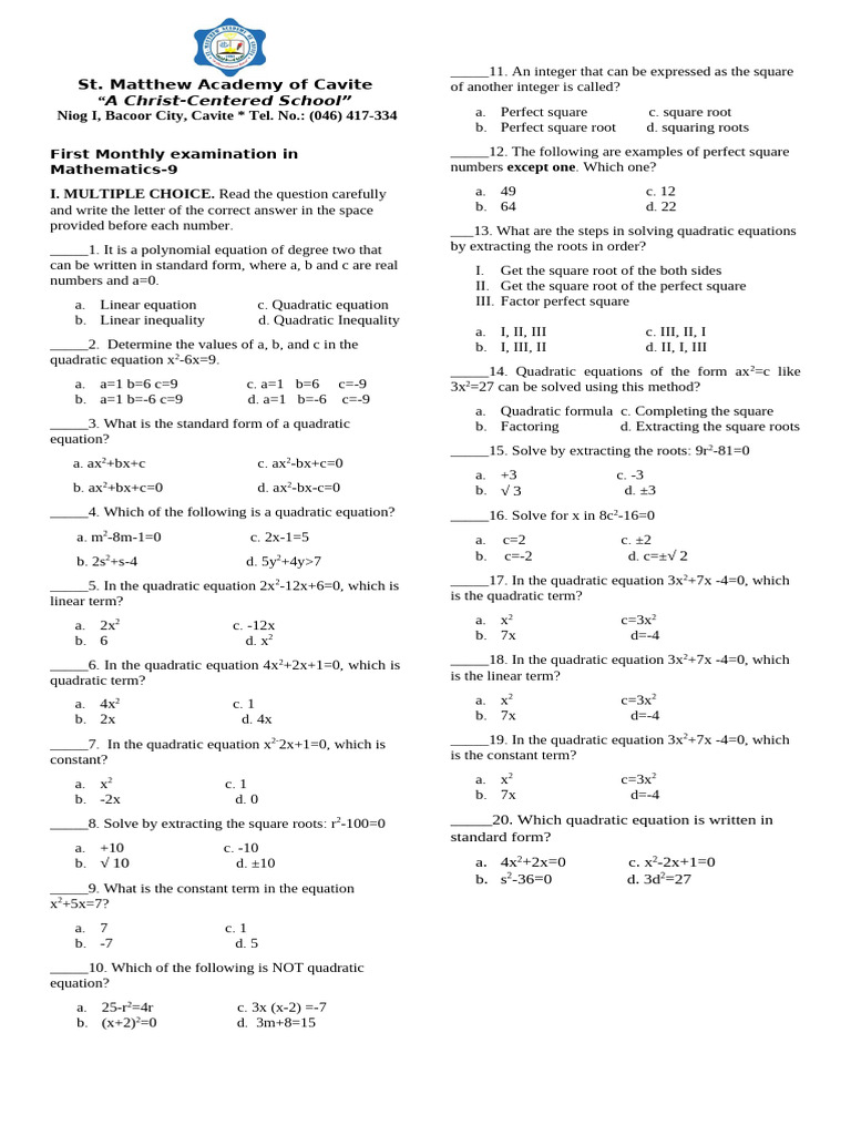 Grade 9 Mathematics (First Monthly Exam) | PDF