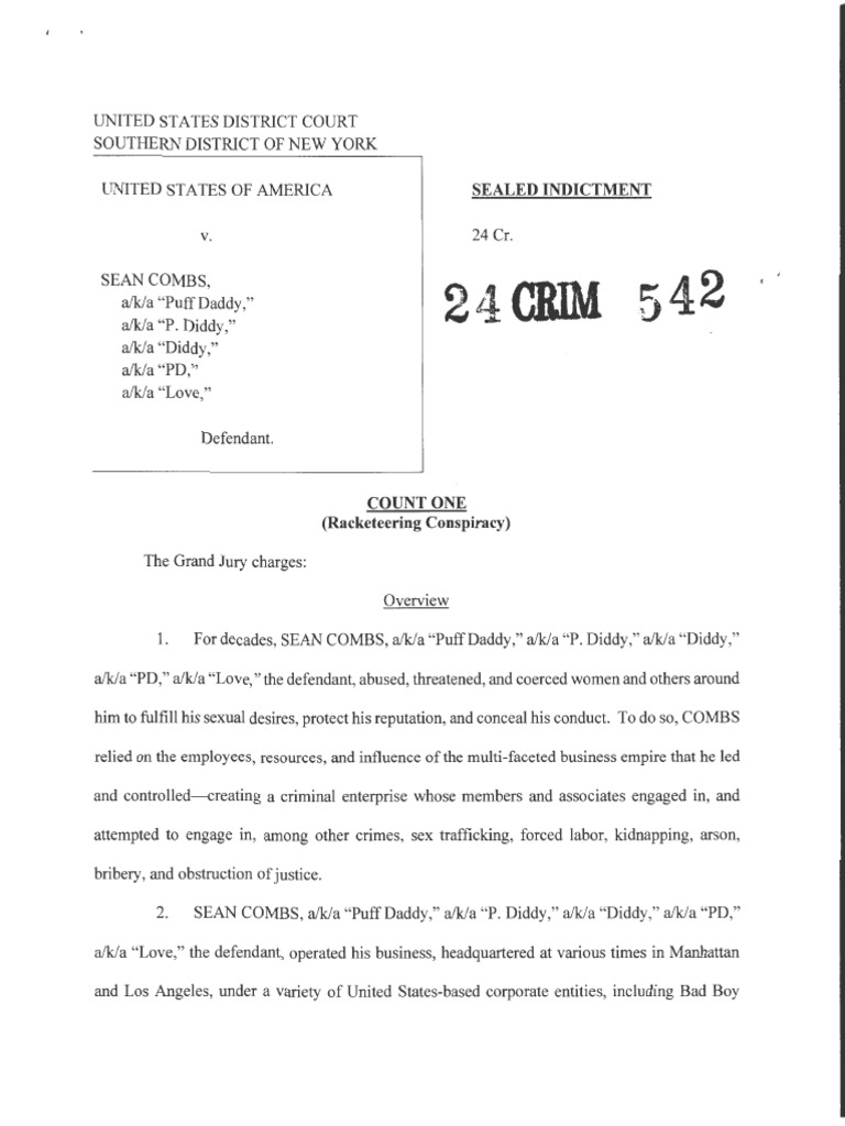 Sean 'Diddy' Combs Indictment 24 Cr. 542
