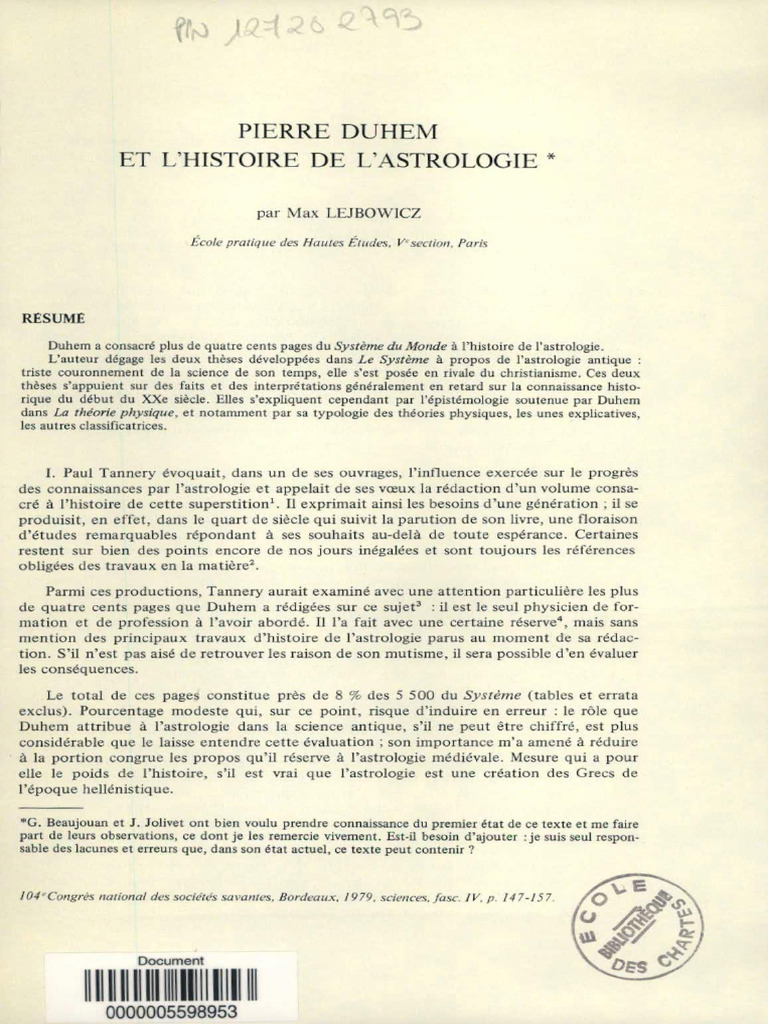 Piere Duhem Et L Historie de L'astrologie | PDF