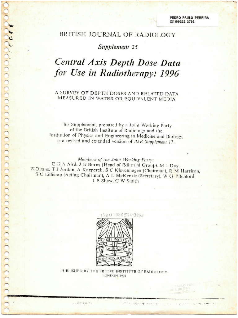 放射線治療　BJR Supplement 25 放射線治療データ 1996 BJR Sup #25 Central Axis Depth Dose Data For Use in