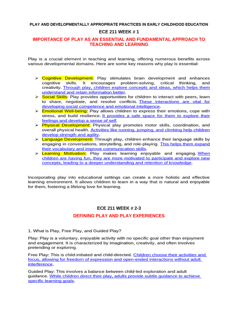 Importance of Play in Early Education | PDF | Learning | Wellness