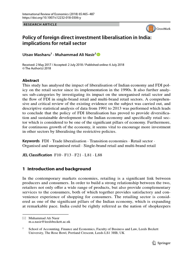 Policy of Foreign Direct Investment Liberalisation in India ...