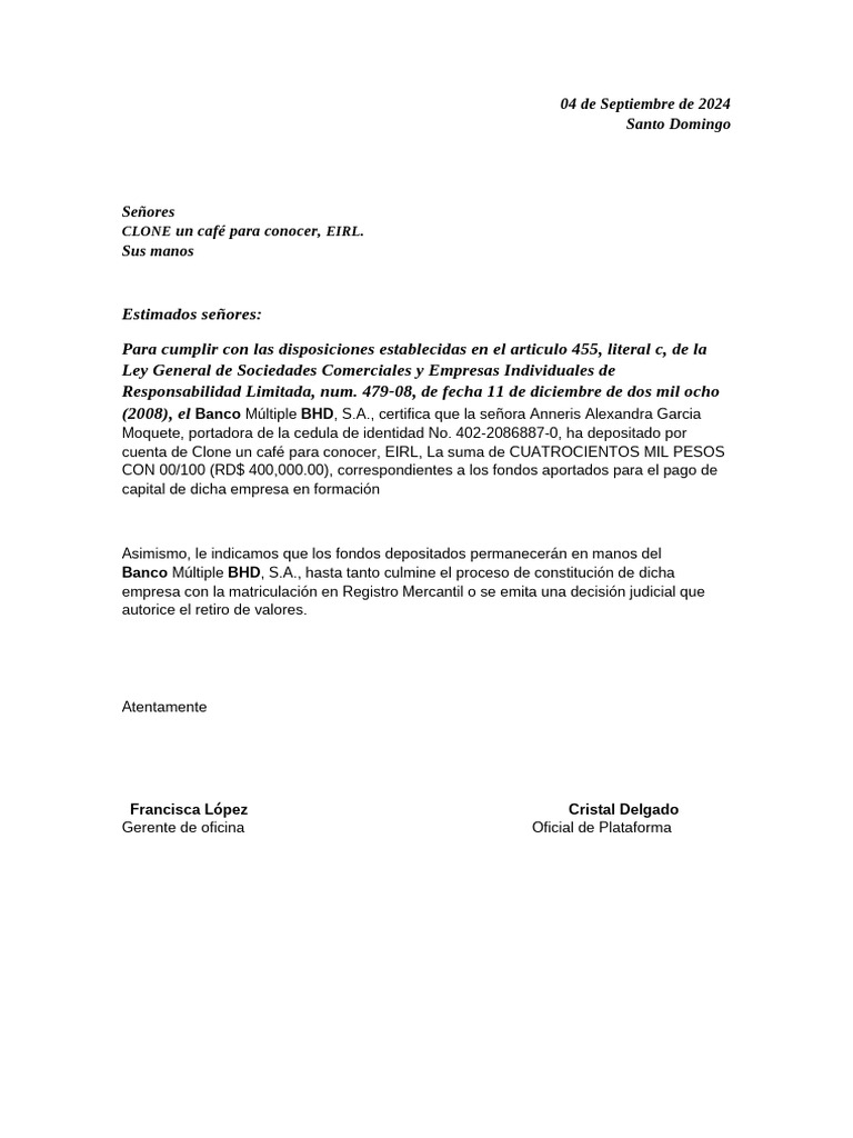 ANNERIS ALEXANDRA 100400255 - Carta BANCO PARA EIRL | PDF