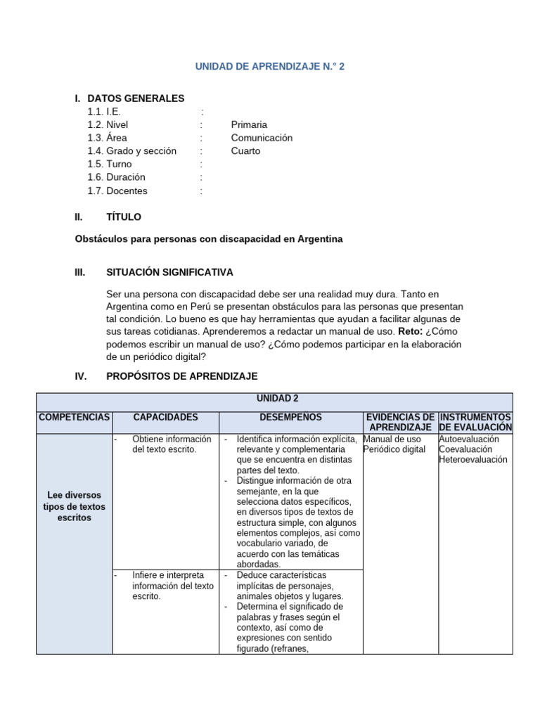 Unidad de Aprendizaje 2 - Cuarto Grado | PDF