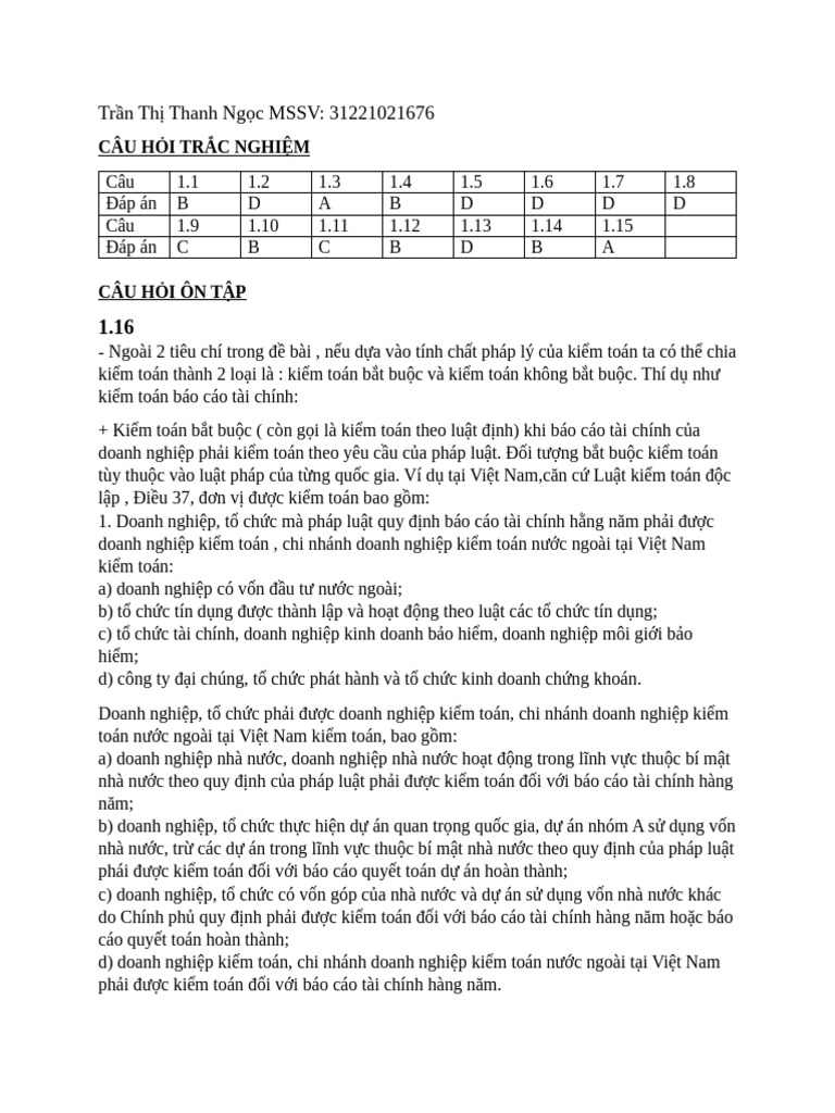 Bt Kiểm toán cb chương 1 | PDF