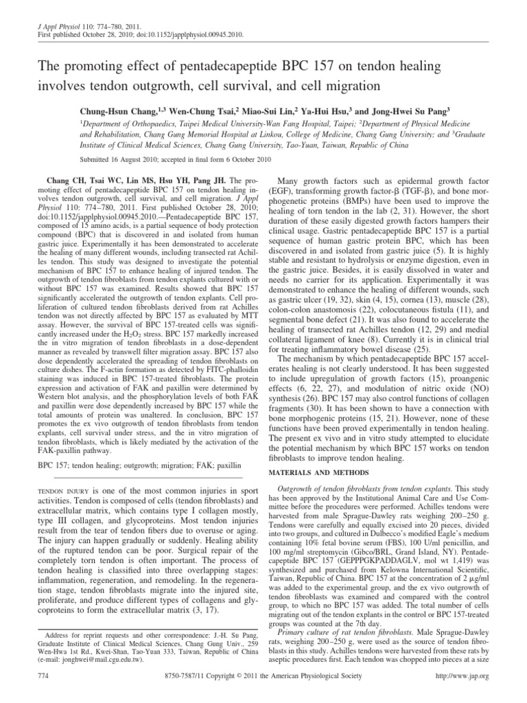 Chang Et Al 2011 The Promoting Effect of Pentadecapeptide BPC 157 On ...
