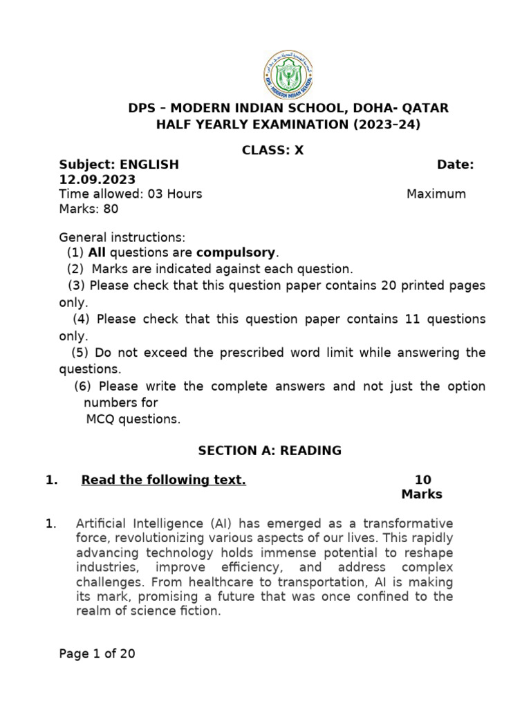Class X English Half-Yearly Exam 2023 | PDF | Artificial Intelligence ...