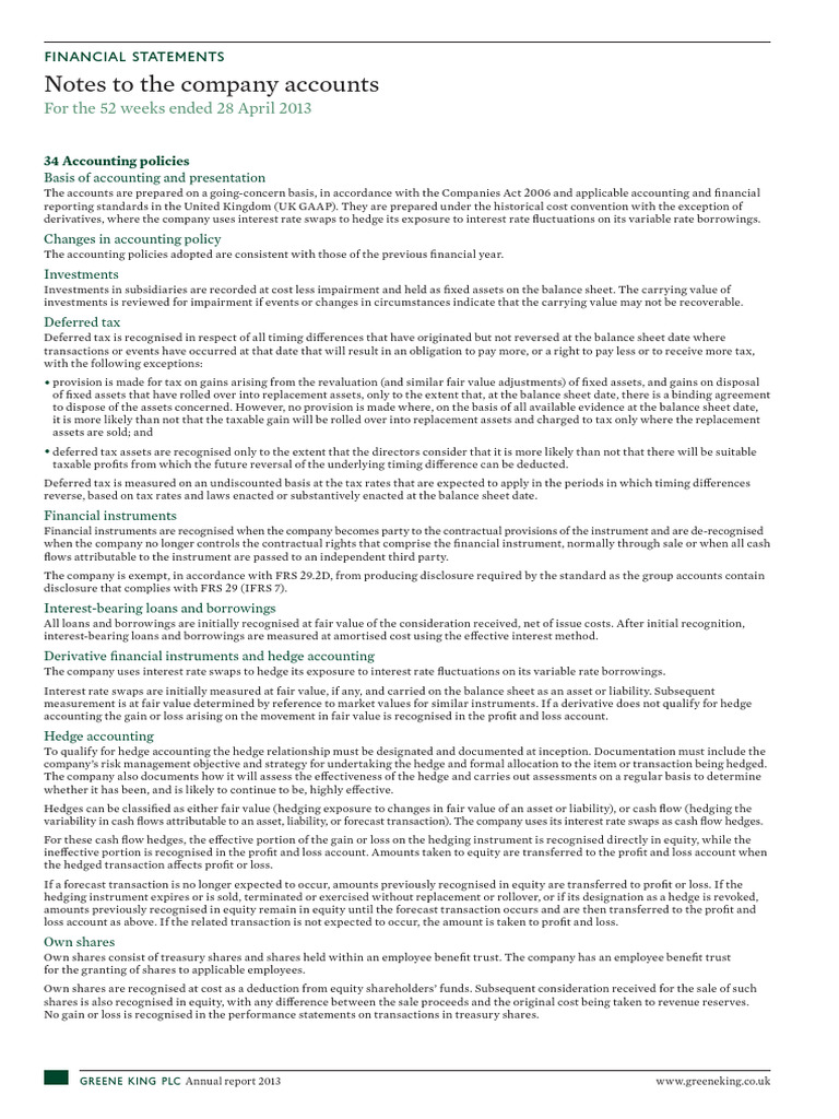Notes To The Company Accounts | PDF