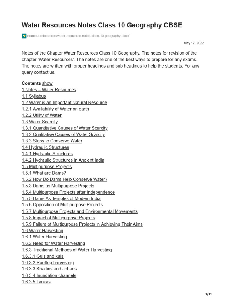 Water Resources Notes Class 10 Geography CBSE Simple Easy Language | PDF