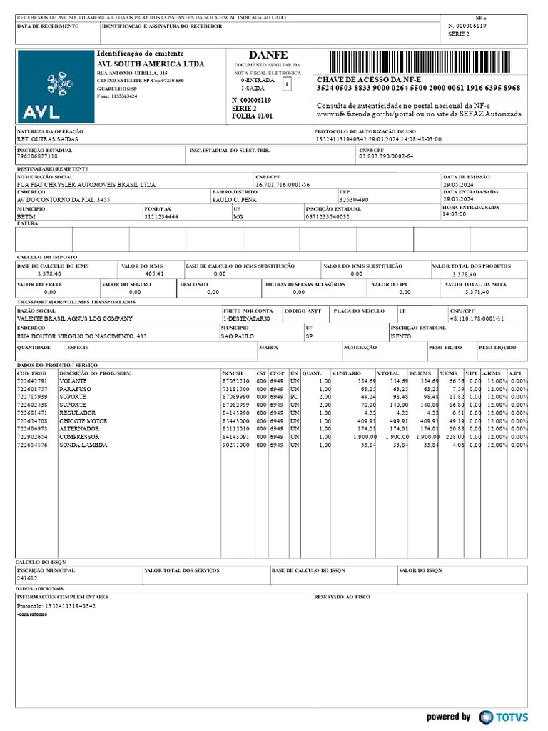 Danfe: Identif Icação Do Emitente Avl South America Ltda Chave de ...