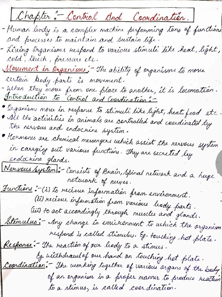 Control and coordination class 10 simple notes 2024 25 pdf
