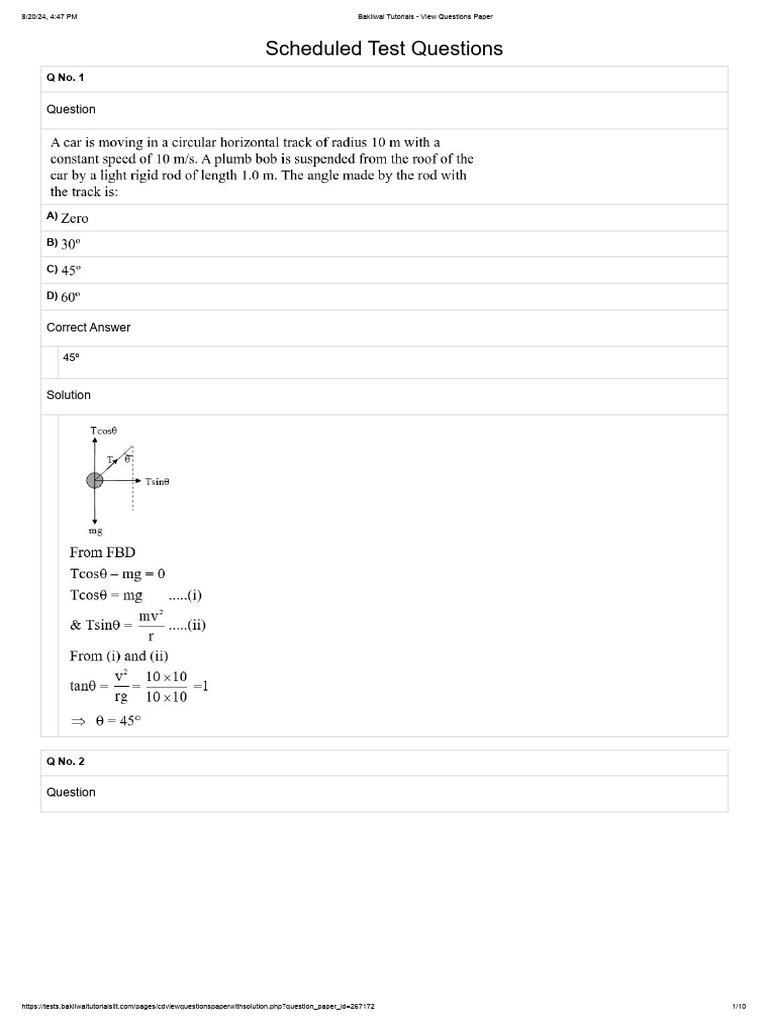 Bakliwal Tutorials Test Solutions | PDF | Physics | Teaching Methods ...