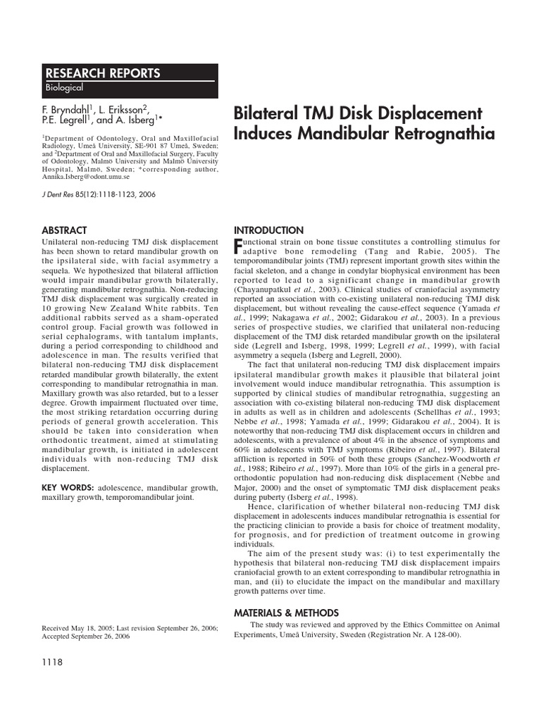 Bilateral TMJ Disk Displacement Induces Mandibular Retrognathia | PDF