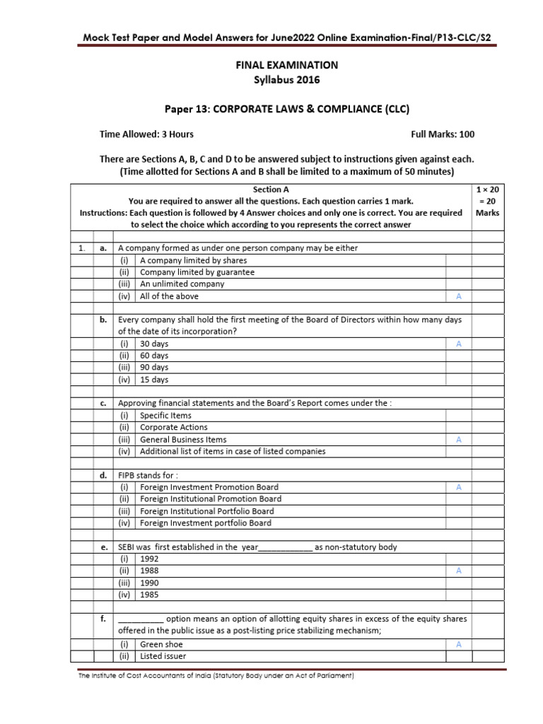 Final Examination Syllabus 2016 Paper 13: Corporate Laws & Compliance ...