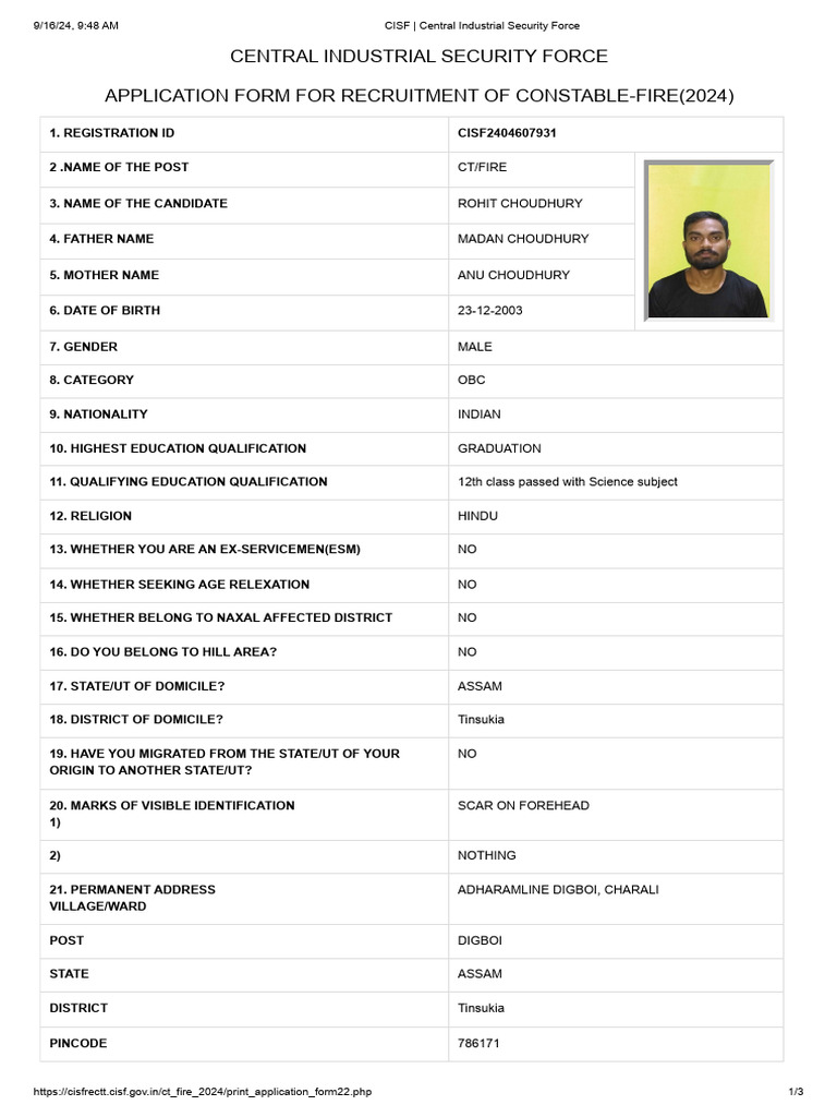 CISF Constable Fire Recruitment Form 2024 | PDF | Justice | Crime ...