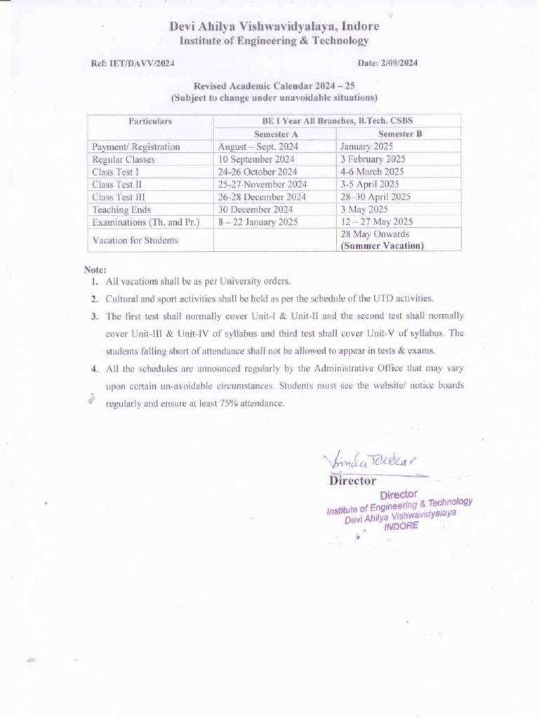 Academic Calendar 2024 BE and BTech I Year | PDF