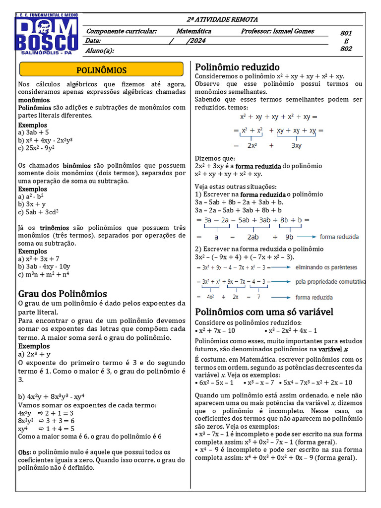 2 Atividade de Matem Polinômios - 8º Anos | PDF
