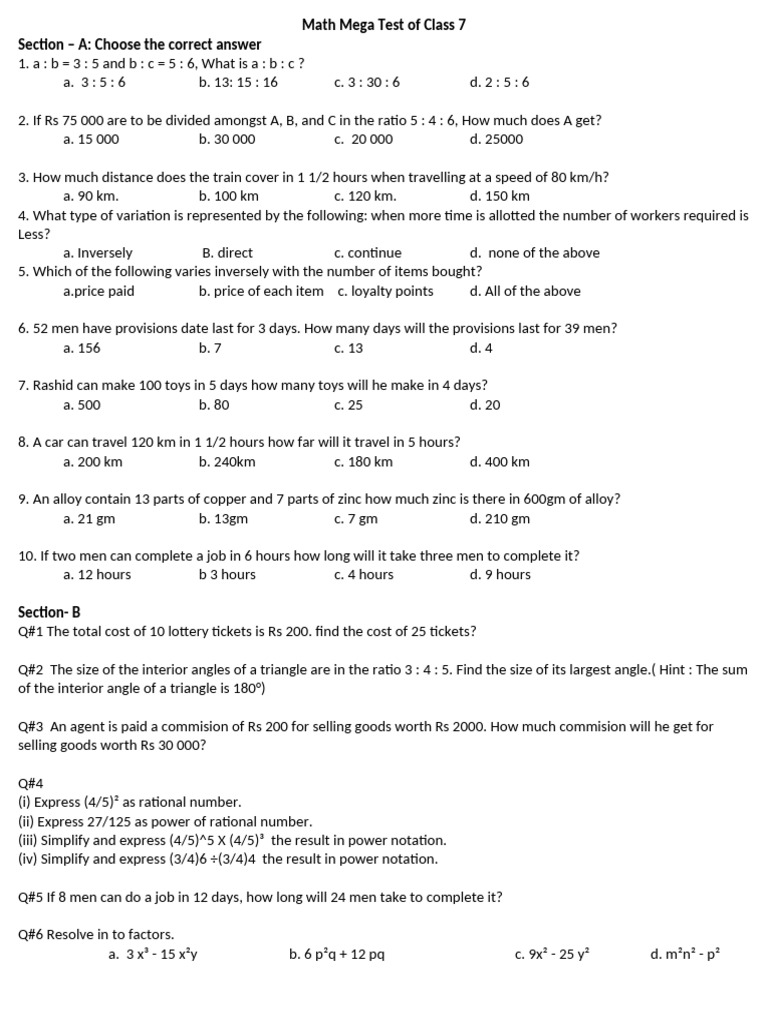 Math Mega Test of Class 7 | PDF