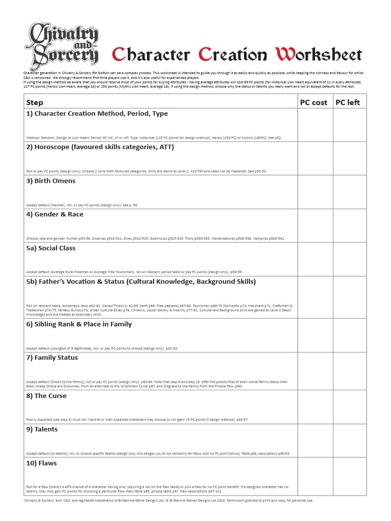 CS 5 Player Aid 4 - Character Creation Worksheet | PDF