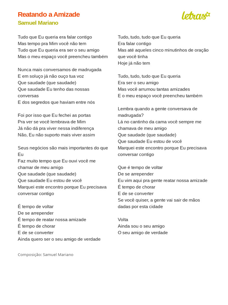 Reatando Amizade: Letra de Deserto | PDF