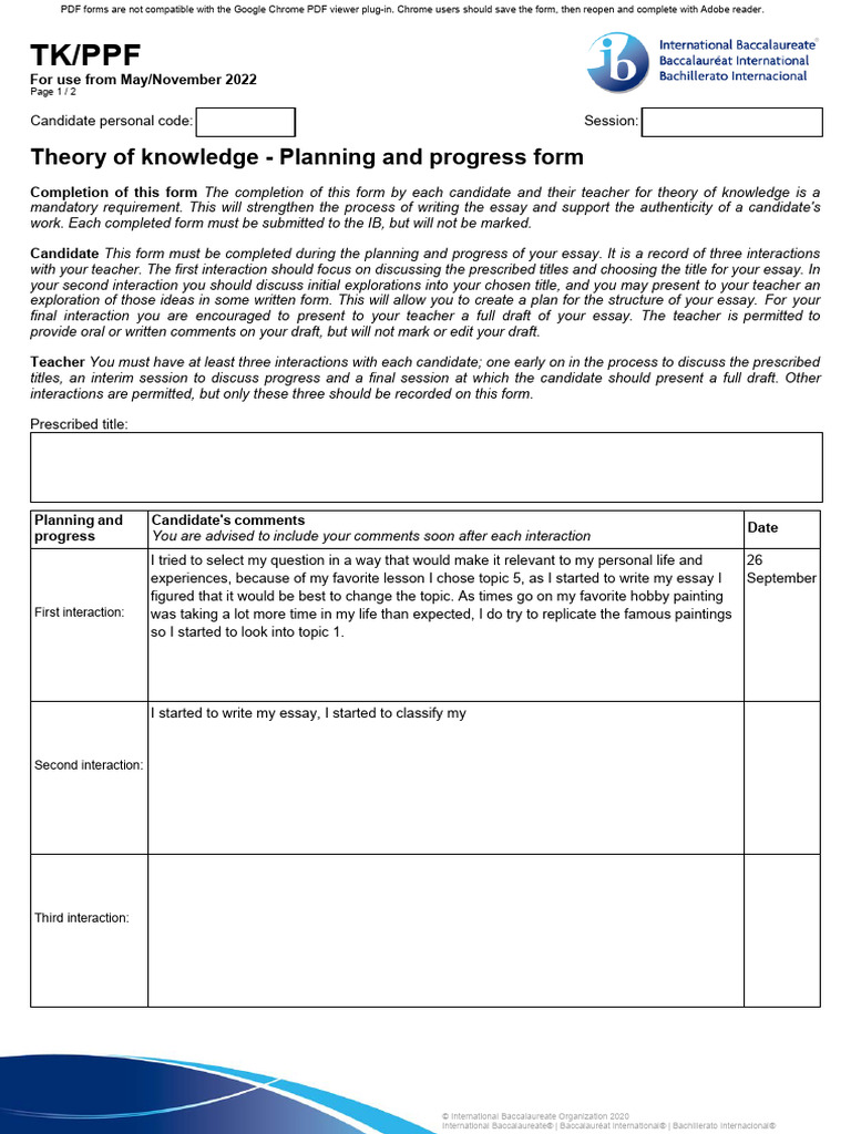 TK/PPF: Theory of Knowledge - Planning and Progress Form | PDF