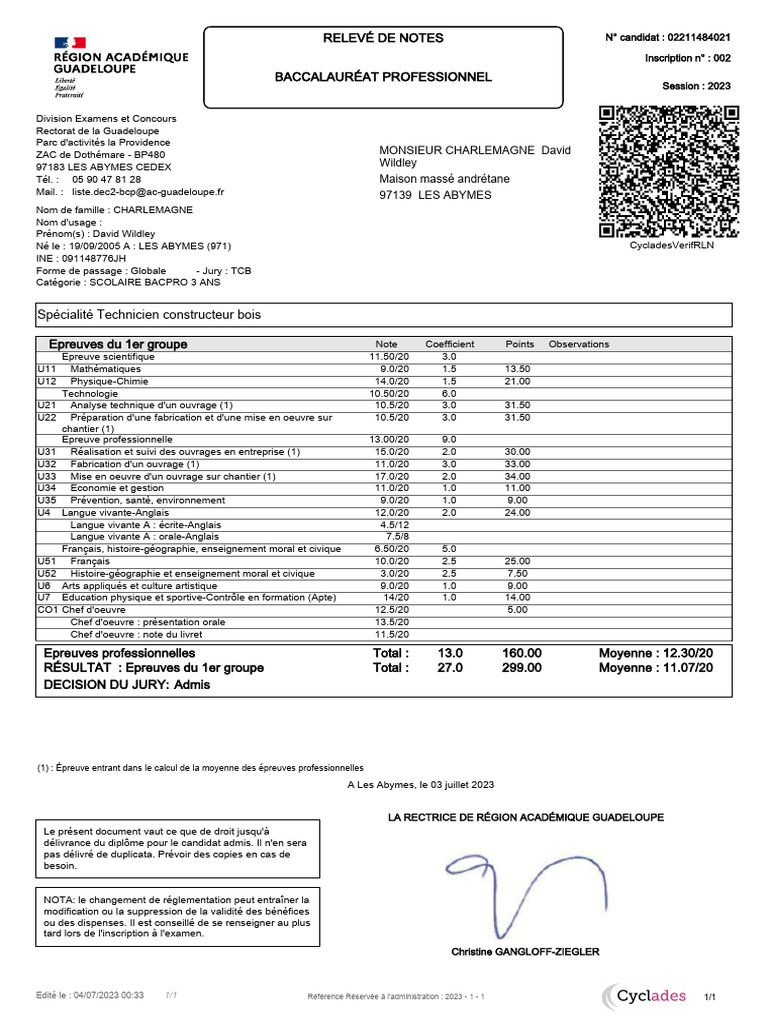 Releve de Notes 221148402100002 | PDF