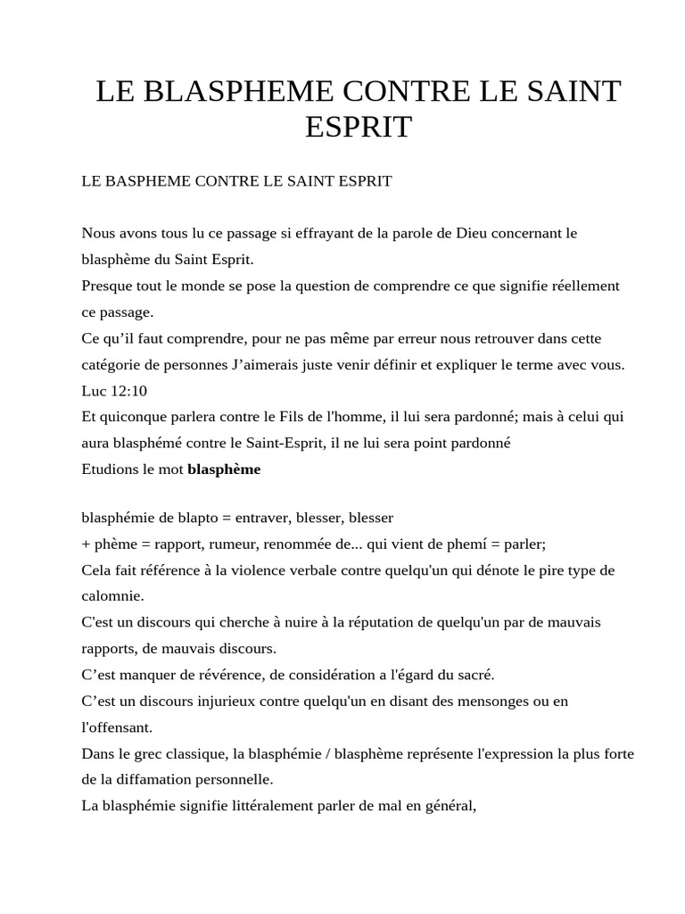 Le Blaspheme Contre Le Saint Esprit | PDF