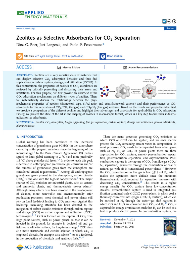 Boer Et Al 2023 Zeolites As Selective Adsorbents For Co2 Separation | PDF