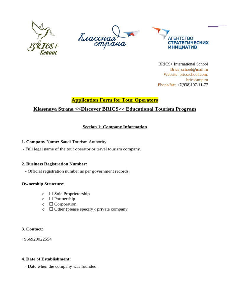Application Form Tour Operator Discover BRICS | PDF