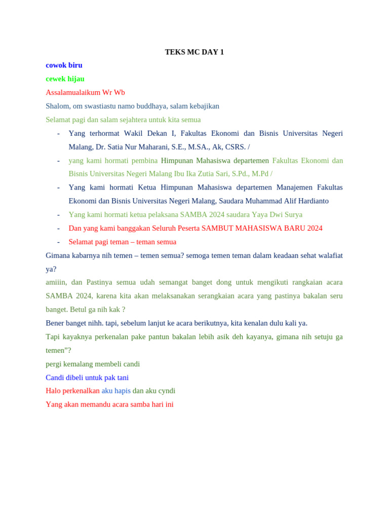 Teks MC Day 1 Samba | PDF