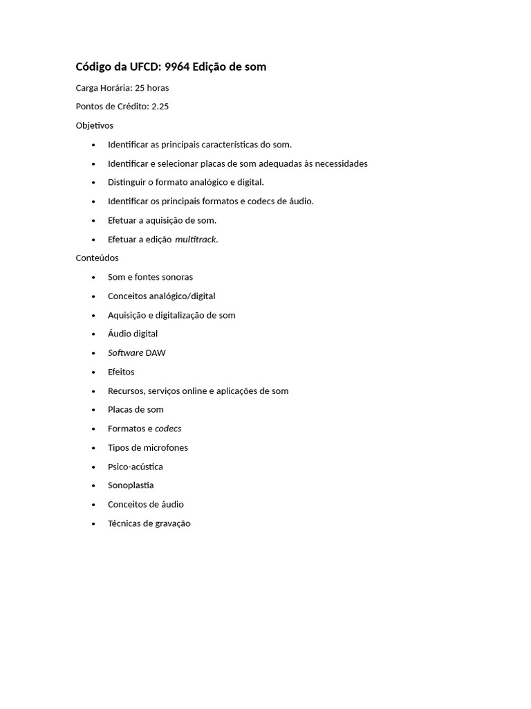Planificação UFCD 9964 - Edição de Som | PDF
